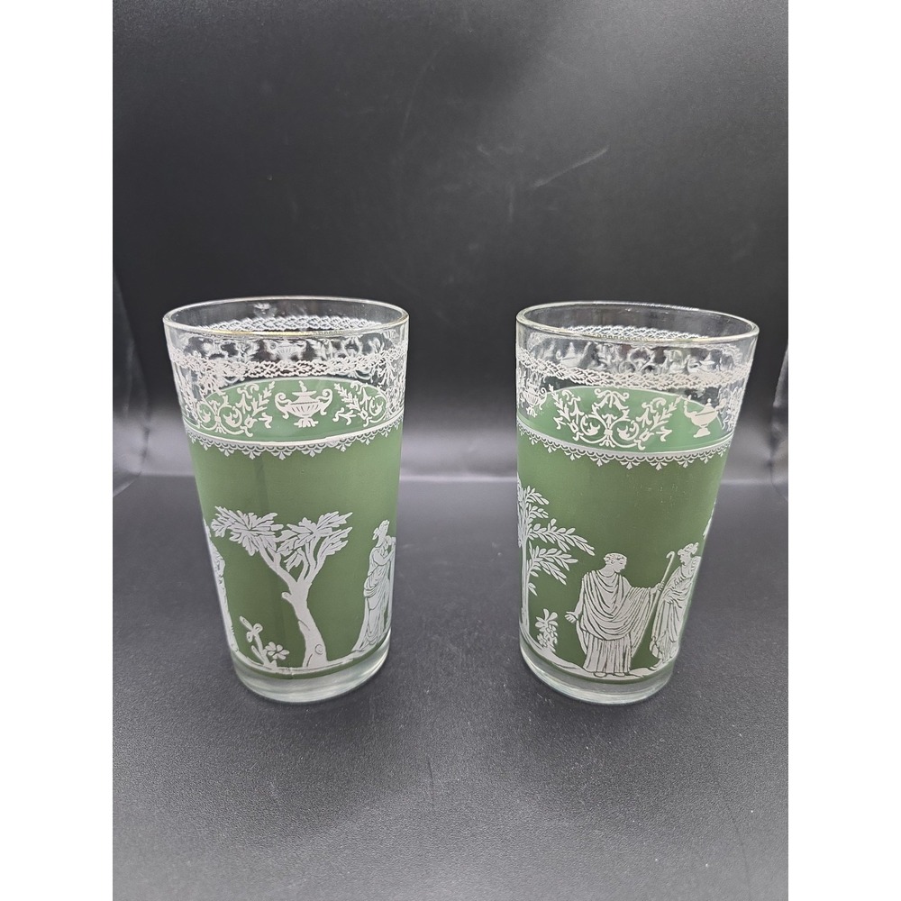 Wedgwood Jasperware Jeanette Green Hellenic Glass Tumblers Set of 2 MCM 5in